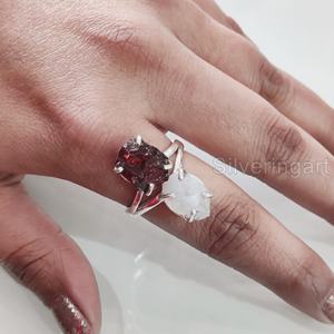 Anillo de Plata de Ley 925 con Piedras Naturales de Granate y Piedra Lunar para Mujer, Estilo Bohemio, Regalo de Navidad o San Valentín - Product Image 2