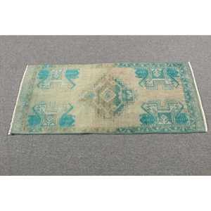 Alfombra pequeña vintage, alfombra turca de 1.5x3.5 pies, alfombra de lana azul con motivos de plantas y árboles - Product Image 3