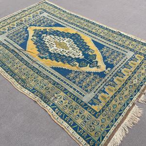 Alfombra Turca, Alfombra Vintage de 5.4x8.5 pies, Alfombra de Lana a Rayas Azules y Amarillas - Product Image 2