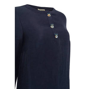 Robe décontractée en tissu tissé bleu marine à col mandarin, coupe décontractée, avec fentes et design simple - Product Image 2