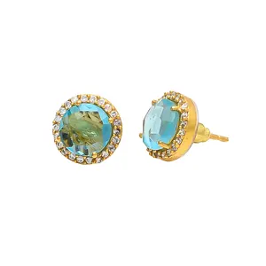 Blue Topaz Hydro And Pink Cz Blue Gemstone 925 Sterling Silver Earring Gold Plated Stud Silver Earring