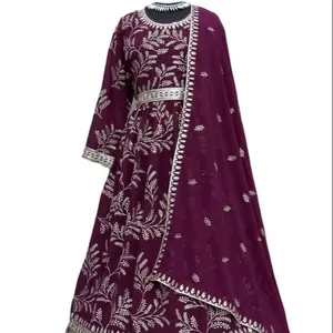 民族紫色接待特别设计师长长度拉亨加与网绣石材作品在印度制造