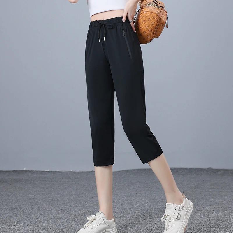 Women's Ice Silk Cotton Casual Cropped Trousers Summer Thin Capris Knee  Length Straight Monochromatic cargo pants women