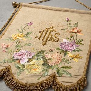 Custom Embroidered Religious Wall <b>Banner</b> Floral Tapestry Scroll Beige Gold Pink Flower Wall Hanging - Product Image 4