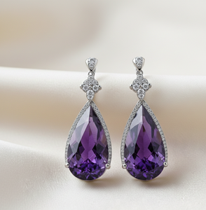 Boucles d'oreilles pendantes longues de 5 pouces en améthyste bleue et zircone cubique |   Bijoux tendance en argent sterling 925 avec placage or 18 carats pour femmes, cadeau pour elle - Product Image 1