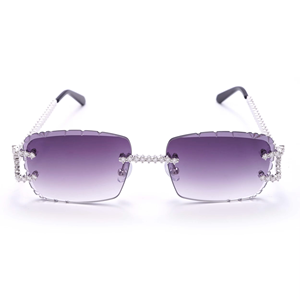 Lunettes de soleil rectangulaires en acier inoxydable avec monture glacée, verres dégradés violets et strass étincelants – Accessoire de mode pour hommes et femmes - Product Image 5