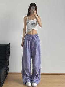 Pantalones de punto de pierna ancha holgados informales con cordón de cintura alta para mujer, ropa de calle de primavera transpirable de secado rápido, ropa caliente de hip hop - Product Image 5