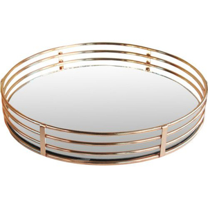 Plateau rond classique en métal doré rose avec miroir, plateau de rangement décoratif pour la décoration de la maison, les mariages, les fêtes ou l'affichage de bougies et de parfums - Product Image 1
