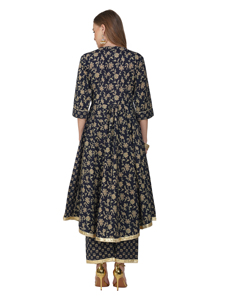 Ensemble Anarkali Kurta à imprimé floral bleu marine pour femmes Palazzo à manches 3/4 en coton pour les fêtes d'été et d'hiver - Product Image 3