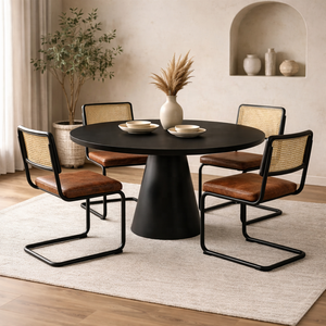Buffalo Leather Industrial Modern Dining Chair with Rattan Back and Black Metal Frame | Cantilever Design - Product Image 2