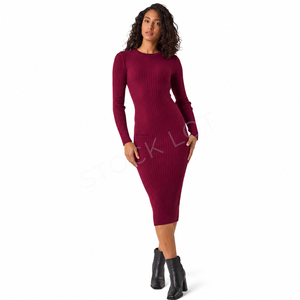 Vestido ajustado de punto acanalado para mujer, estilo sencillo, con abertura, opción de manga larga o corta, vestido midi, excedente de exportación a granel, hecho en Bangladesh - Product Image 4