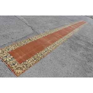 Alfombra de Lana de 2.9x34.5 pies, Ecológica, con Respaldo de Látex, Alfombra Vintage de Retazos Marrón - Product Image 1