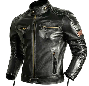 Veste de motard personnalisée de haute qualité pour hommes en cuir véritable Veste de style classique de moto noire en détresse col montant - Product Image 1