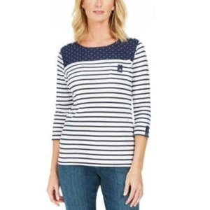 Karen Scott <b>Women's</b> Sport <b>Navy</b> <b>Top</b> Size Medium Breathable Colorblocked Striped 100% Cotton Knitted Fabric - Product Image 1