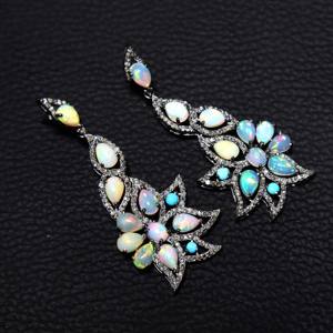 Boucles d'oreilles en argent sterling 925 avec opale éthiopienne et diamant Bijoux victoriens Ensemble de boucles d'oreilles Beau fournisseur de bijoux en argent - Product Image 1