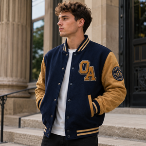ONEAPEX Custom Navy Blue Wool & <b>Leather</b> Chenille Letterman <b>Jacket</b> Hooded Breathable <b>Winter</b> OEM ODM Private Label Wholesale - Product Image 1