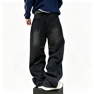 Jeans pour hommes coupe bootcut, style streetwear hip-hop décontracté, jambe large, délavage stone wash, coupe droite ample, jeans de mode pour hommes - Product Image 6
