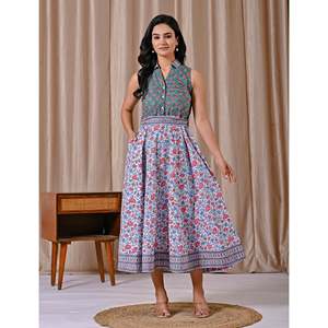 Vestido sin mangas verde marino con estampado de bloques, cuello blanco, elegante, casual, para el día a día, ODM para oficinistas, talla XS, transpirable, natural - Product Image 3