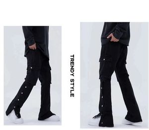 Pantalones vaqueros lavados con botonadura de calle alta para hombre de tendencia Retro americana Europea pantalones de pierna recta de Hip Hop multibolsa suelta ancha al por mayor - Product Image 2