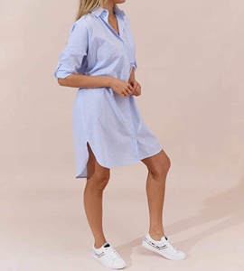 Robe décontractée tendance personnalisée 100% coton pour femme, col classique, rayures bleu clair et blanc, sexy, longueur genou, grande taille, ODM - Product Image 3