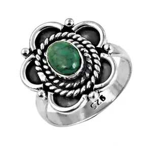Bague Cocktail Bohème Fleur Vintage Art Palace en Argent 925 avec Turquoise Sertie Clos, Unisexe, pour Usage Quotidien, Style Anniversaire - Product Image 1