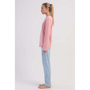 KADIN INTERLOK O YAKA UZUN KOL ETEGI OVAL PIJAMA TAKIM - สีชมพูอ่อน - สีชมพูอ่อน - Product Image 3