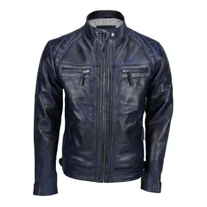 Giacca da uomo in pelle trapuntata blu Navy con Zip intera giacca da moto traspirante antivento con tasche sul petto cappotto in pelle alla moda da uomo