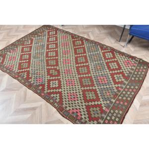 4.9x7.5 ft Vintage Area Rug, <b>Red</b> Blue Turkish Patchwork <b>Wool</b> Rug - Product Image 5