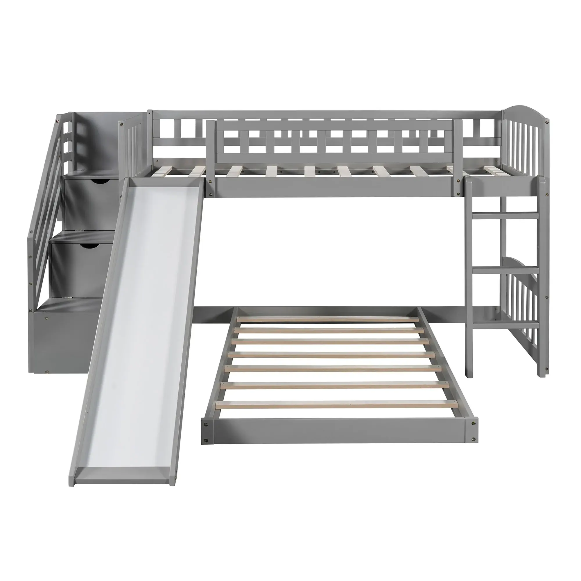 Gray Twin Over Twin Bunk Bed with Stairway, kids' beds wood Two Drawers and Slide Floor Bed for Kids with high quality.