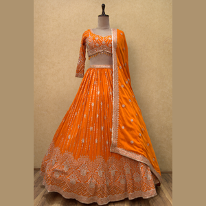 Tradicional naranja Lehenga pesado mano tocada Zari bordado trabajo cada hilo exuda elegancia hecho Georgette directo India - Product Image 1