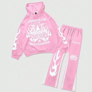 Tendance hommes personnalisé lettre flamme impression hiver sweat à capuche pantalons de survêtement 100% coton polaire décontracté à manches longues cordon de serrage à capuche - Product Image 1