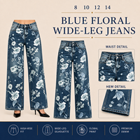 Jean large bleu à motifs floraux pour femme, pantalon en denim imprimé taille haute, vente en gros sous marque privée pour les boutiques européennes et américaines