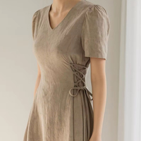 Robe longue décontractée vintage en mélange coton-lin pour femme, col en V, taille ample, anti-plis, écologique, manches mi-longues, dentelle latérale