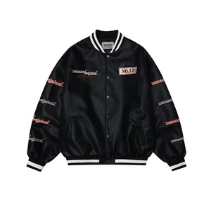 เสื้อแจ็กเก็ตเบสบอลผ้าแคนวาสสำหรับผู้ชายปักตัวหนังสือต่อกันฤดูใบไม้ร่วงฤดูหนาวหนังแท้แขนยาวกันลมกันน้ำ - Product Image 5