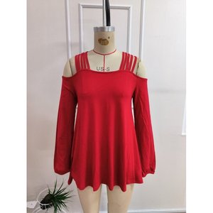 Women'<b>s</b> Long-Sleeved Viscose <b>Blouse</b> with Off-Shoulder Stripe Detail, 38163 - Red - Product Image 4