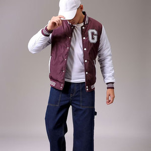 <b>Men</b> Varsity <b>Jacket</b> Maroon <b>White</b> Letter G Embroidered Preppy Style Regular Fit Cotton Filled Stand Collar Patchwork Winter Wear - Product Image 3