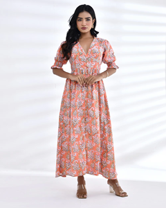 Elegante vestido MIDI de verano con estampado floral para mujer con escote en V, diseño de manga corta y cordón ajustable - Product Image 4