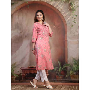 ชุดคุर्ตาผ้าฝ้ายลำลองสำหรับผู้หญิง ดีไซน์หรูหรา ปักลายสีพีช ระบายอากาศได้ดี ความยาวระดับเข่า ออกแบบตามสั่งสำหรับสุภาพสตรีทำงาน - Product Image 4