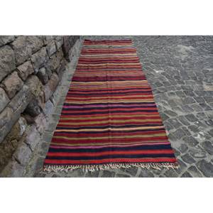 Classic <b>Red</b> Black Striped <b>Wool</b> Rug for Entryway Bedside 4.1 X 11.6ft Rectangle Patchwork Design 10mm Thickness Latex for Summer - Product Image 1