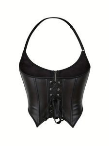 Haut corset en cuir noir style punk pour femme avec fermeture éclair sur le devant et bretelles réglables - Design dos nu sexy pour l'été - Product Image 2