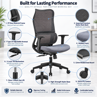 Chaise de bureau ergonomique en maille à dossier haut, cadre gris, accoudoirs réglables pour poste de travail de direction