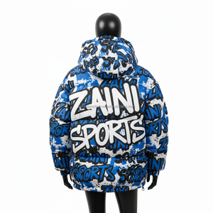 Veste matelassée pour femmes 380GSM Tissu polyester de qualité supérieure Bleu Blanc Impression graphique Logo personnalisé Transfert à chaud Vestes matelassées pour femmes - Product Image 2