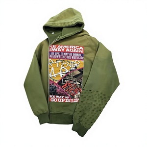 Service OEM personnalisé – Sweat à capuche zippé pour homme, style hip-hop, avec broderie de patchs vieillis et strass, coupe oversize, en molleton, idéal pour l'hiver - Product Image 3
