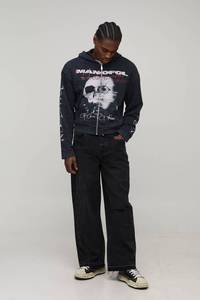 Sweat-shirt à capuche noir à coupe régulière, délavé à l'acide, imprimé numériquement, 100% coton, ourlet côtelé, poignets côtelés, vêtements décontractés pour homme, automne - Product Image 4
