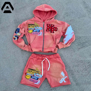 Acid Wash Stone Zip Up Hoodie y Shorts Set Boxy Fit Street Wear 100% Cotton Hoodies & Short Sets POR INCREÍBLES - Product Image 3