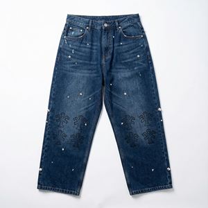 Pantalones Vaqueros de Mezclilla de Peso Medio para Hombre, Lavado Ácido Vintage Personalizado, con Cristales de Imitación, Estilo Desgastado, Holgados, Estilo Urbano, con Botones Altos - Product Image 1