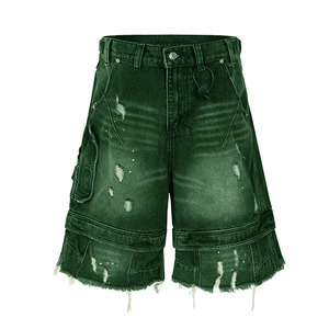Pantalones Cortos Cargo de Algodón Lavado para Hombre, Cintura Media, Dobladillo Desgarrado, Estilo Casual Urbano, Color Sólido, Cierre de Botones, Largo Bermuda - Product Image 5