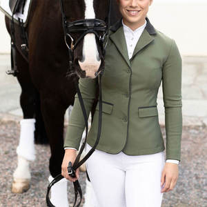 Women's <b>Equestrian</b> Show Riding Jacket Olive Green Black Trim Buttons Polyester/Cotton Material Custom Logo Brand for Jumping - Product Image 1