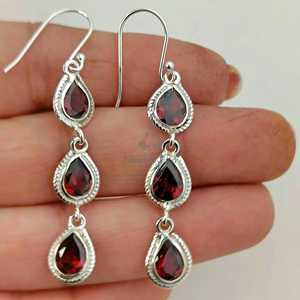 Garnet Bohemian <b>Dangle</b> <b>Earrings</b> Sterling Silver Triple Teardrop Gemstones Handmade Jewelry Party & January Birthstone Gift - Product Image 2