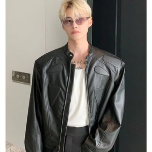 Spring Autumn Niche Motorcycle Jacket Short Shoulder Pad Top Grade Leather Racing Suit Zipper Long Sleeves Stand Collar Jackets - Product Image 1